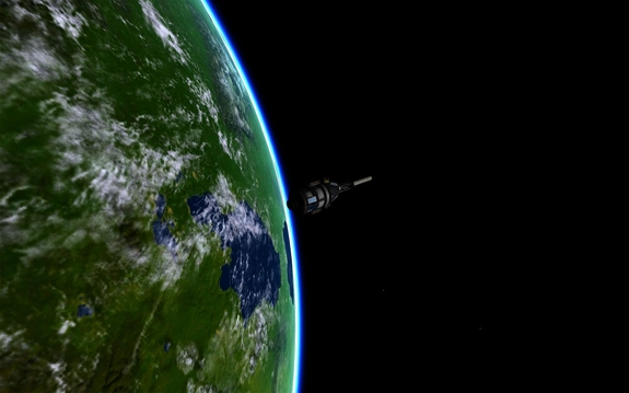 Capt Bob went EVA for some exercise and took this photo of the orbital stage over Kerbin's badlands