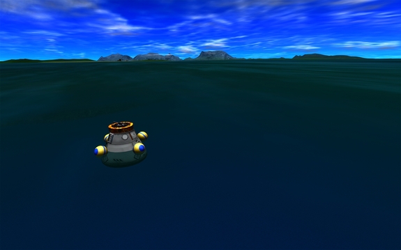 recovery boat has reached the capsule, floating in the Kerblantic 11km from KSC. Looks good!