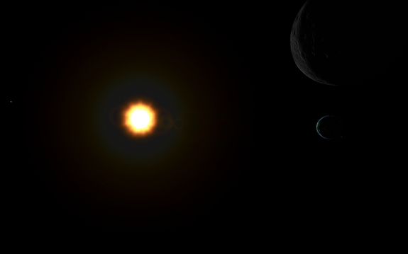 beneath the orbital plane of Mun, we see it atop Kerbin, which is getting all cozy with Duna. Jool is off to the left