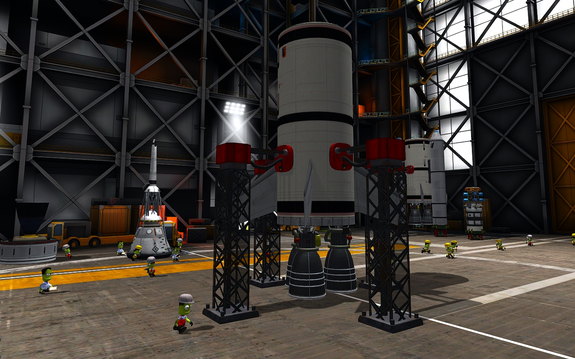 looking the other way, we have our Minmus ComSat along with the docking test capsule vehicle. VAB is at capacity!