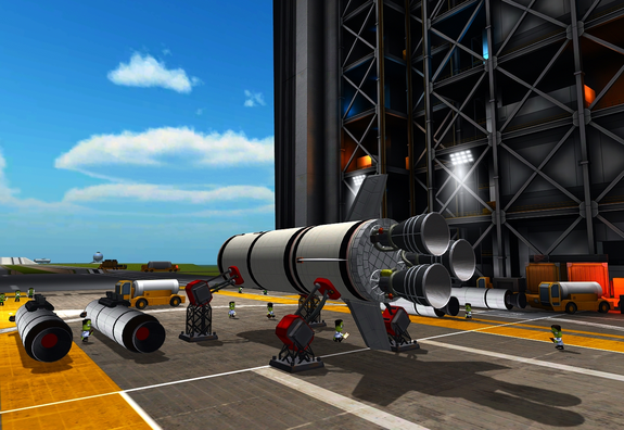 Mun I lift stage engine mounting/tuning wrapping up today, and all 4 boosters are here to be strapped on tomorrow