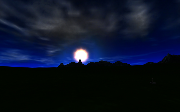 sun begins to set as Lupek continues its drive, now 28.4km from W3 (halfway up the peak under the sun) 
