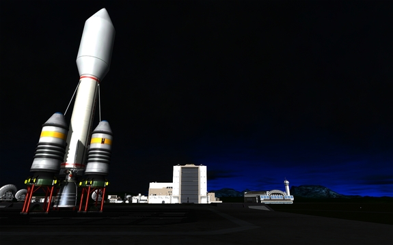 workers are clearing the pad and here's IP ComSat I lit by the sun just rising over the horizon