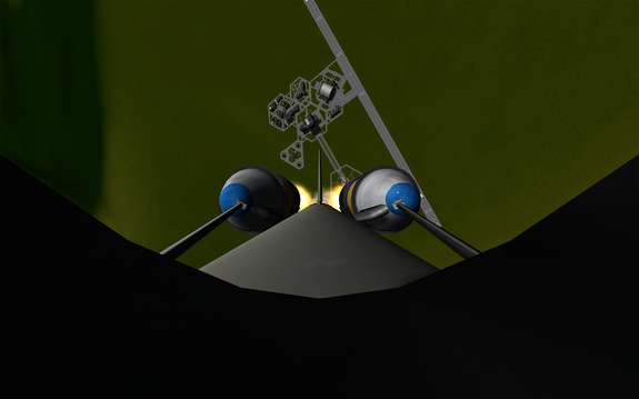 here is a booster cam photo of the rocket pitching over northwards as it leaves KSC behind